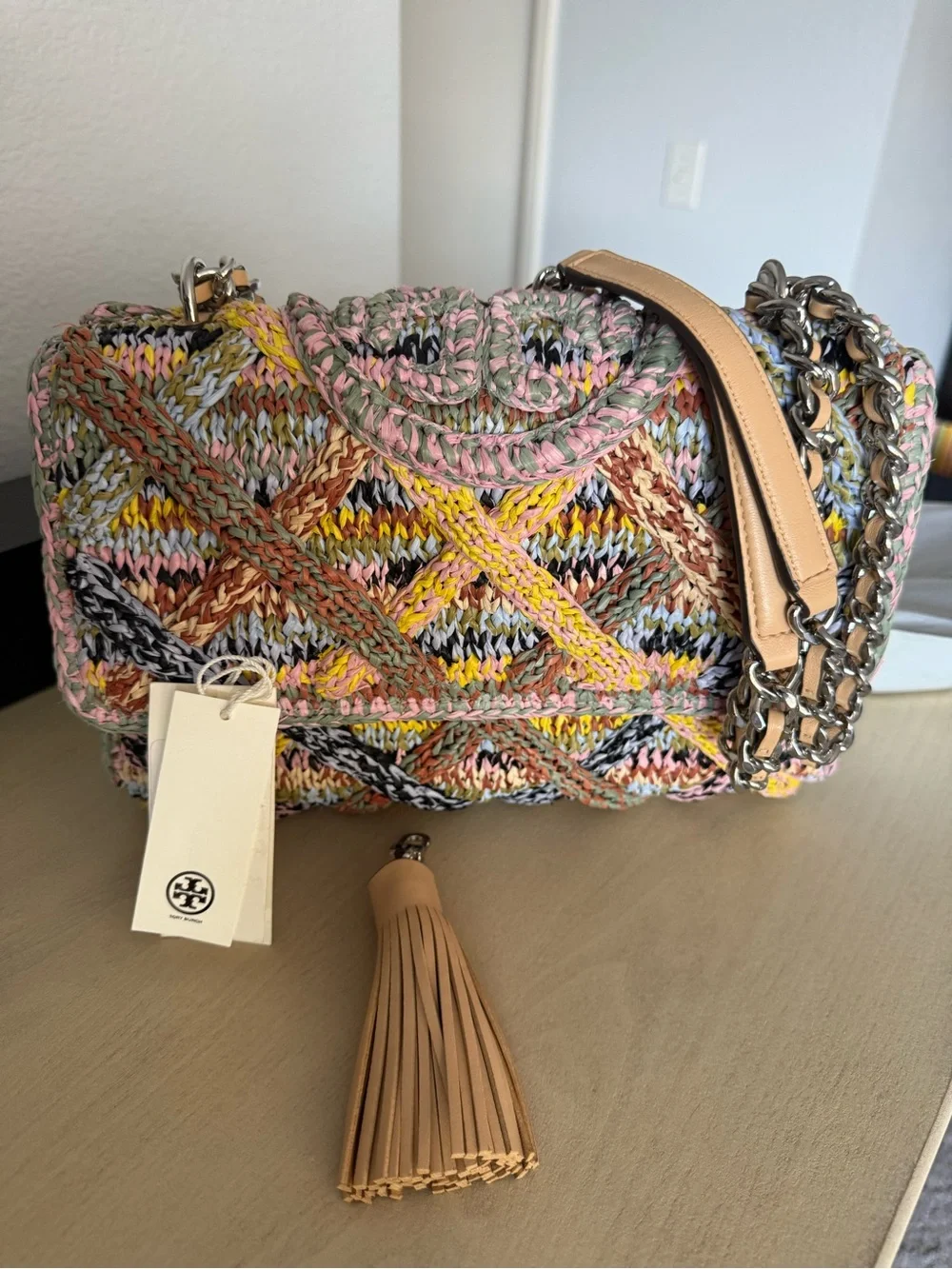 Perfect Condition Tory Burch Multicolor Raffia Crossbody with Tan Tassel
